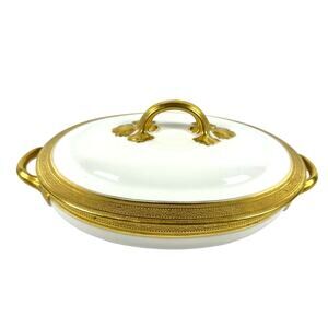 Wm Guerin & Co Limoges France White Antique Covered Serving Dish Gold Accents!